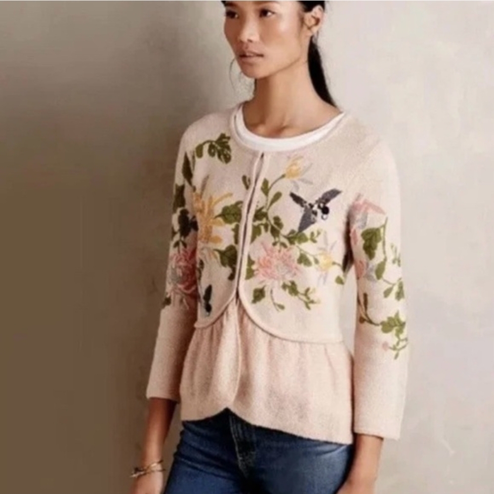 Anthropologie Floral Embroidered Cardigan - Cream and Green